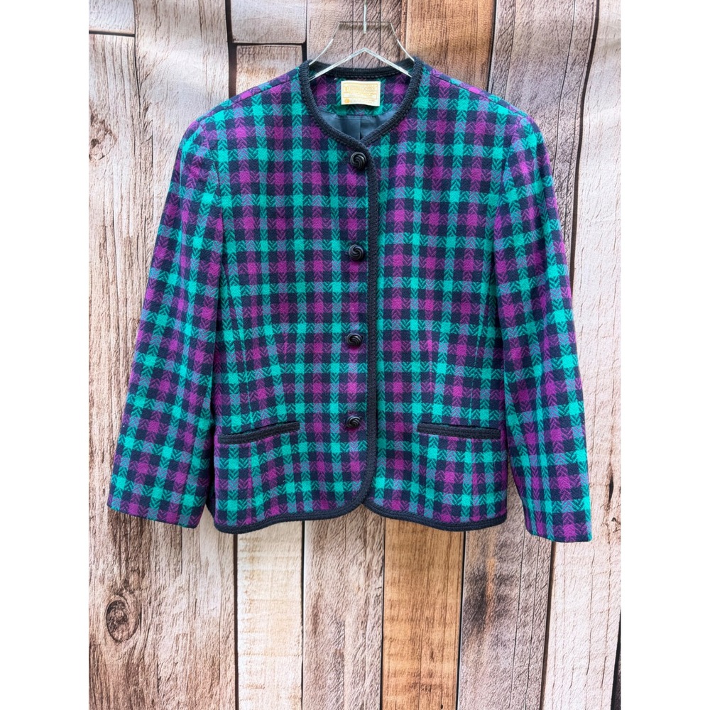 Pendleton Vintage 1980s Wool Plaid Skirt Suit Purple Green Workwear Size 14 - Picture 3 of 11